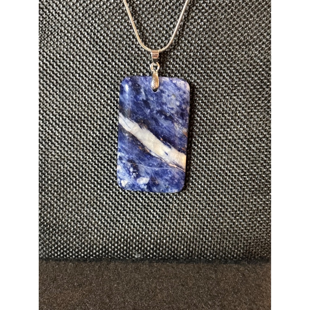 Blue Sodalite Rectangle Stone Pendant Necklace Stainless Steel Snake Chain